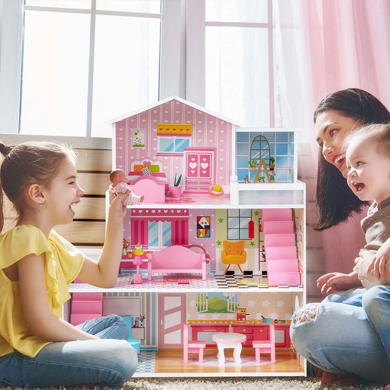 Costway Kids Wooden Dollhouse Playset with 5 Simulated Rooms & 10 Pieces of Furniture, 4 of 11