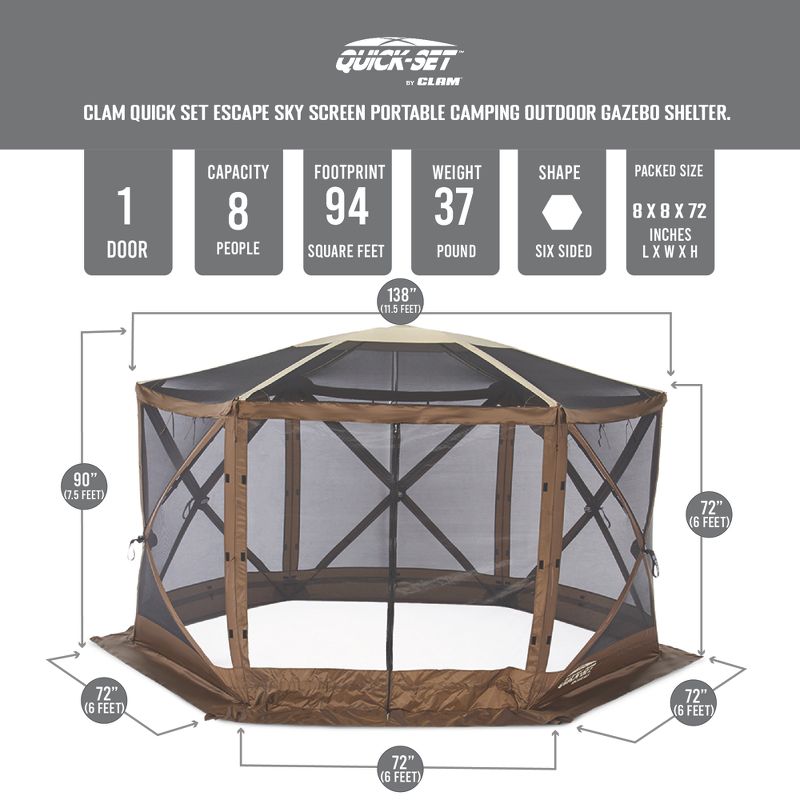 CLAM Quick Set Escape 11.67 x 11.67 Foot Portable Pop-Up Outdoor Camping Gazebo Screen Tent Canopy with Sky Screen, Ground Stakes and Carry Bag, Brown, 3 of 9