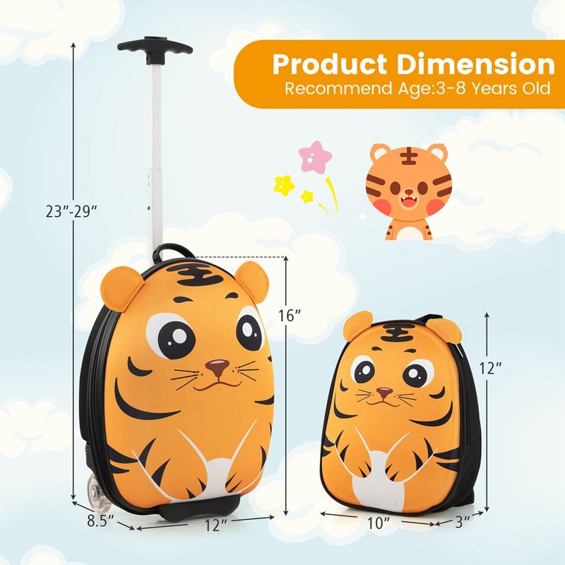 Costway 2PCS Kids Carry On Luggage Set 16'' Owl Rolling Suitcase with 12'' Backpack Travel Pink/White/Yellow, 4 of 10