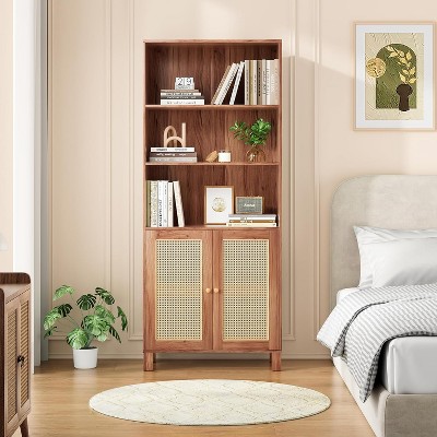 Lirago 5 Shelf Tall Bookcase with Rattan Doors Brown Freestanding Storage Display Shelves for Home Office Bedroom Living Room Easy to Assemble