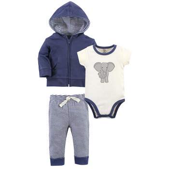 Touched by Nature Baby and Toddler Unisex Organic Cotton Hoodie, Bodysuit or Tee Top, and Pant, Stripe Elephant