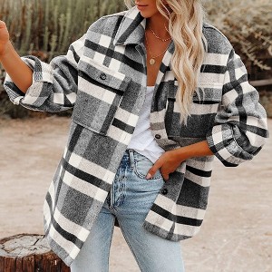 Coolmee Women's Plaid Coats Shacket Winter Outfits Long Sleeve Button Down Shirts Jacket with Side Pockets - 1 of 3