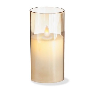 tag Estella Amber Glass Hurricane with Flameless 3x6 Pillar Candle Indoor Use Decorative Lantern 6x3x3 - 1 of 2