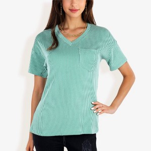 Anna-Kaci Women's Ribbed Knit Top with V-Neck, Short Sleeves, Front Pocket, Loose Fit Casual Blouse - 1 of 4