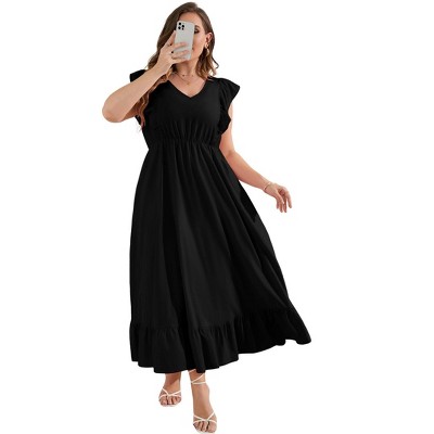 Clearlove Women's Summer Plus Size Dress Ruffle Cap Sleeveless V Neck Side Split Long Beach Maxi Dress