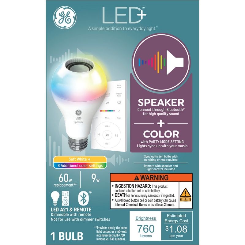 GE Remote Included LED+ Speaker and Color Changing Light Bulb, 1 of 11