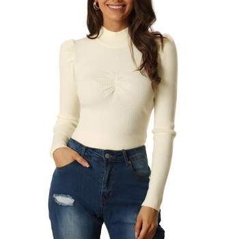 Seta T Womens' Fall Winter High Neck Ruched Front Puff Long Sleeve Casual Sweaters