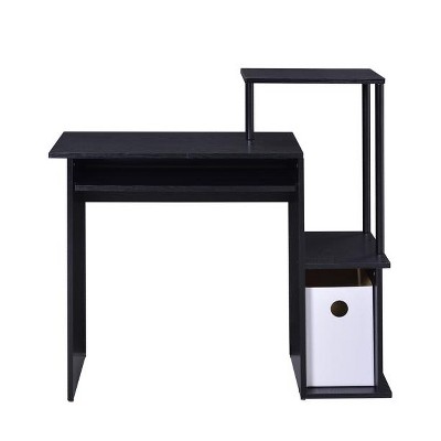 Vynxaria Black Computer Desk with Keyboard Tray and Open Shelving Sturdy Metal Frame Modern Black Office Desk