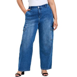 Avenue Women's Plus Size Cassidy Wide Leg Cargo Jean - 1 of 4