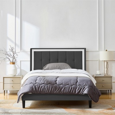 Full Size Bed Frame, Upholstered Platform with Headboard, Wooden Slats, Non-Slip and Noise-Free, No Box Spring Needed, Easy Assembly