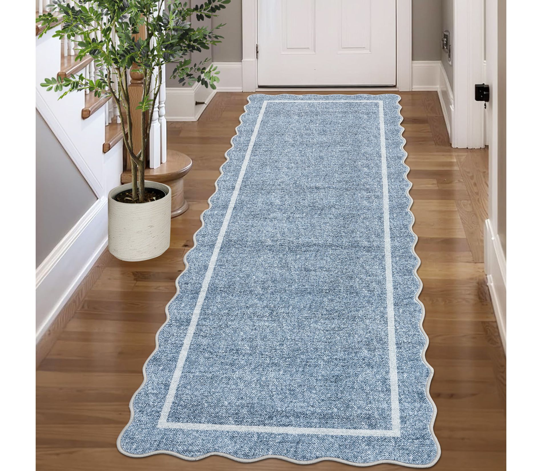 Scalloped Edge Area Rugs for Living Room Bedroom, Modern Bordered Washable Rug, Soft Non Slip Low Pile Indoor Carpet for Dining Room Kitchen