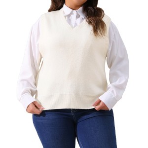 Agnes Orinda Women's Plus Size V Neck Knit Solid Classic Sleeveless Pullover Sweater Vest - 1 of 4