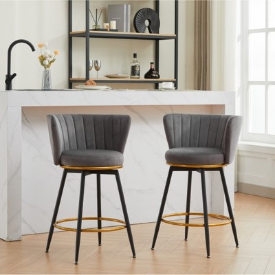 Upholstered Swivel Counter Height Bar Stools Set of 2 with Backs and Footrest for Kitchen Island, Home Bar, or Dining