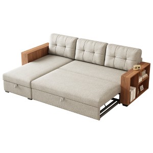 VYNXARIA Upholstered Pull Out Sectional Sofa with Storage Chaise, Convertible Corner Couch, Dark Grey-Wooden handrail - 1 of 4