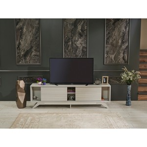 67" Engineered Wood Mid Century Modern TV Stand with 2 Sliding Door Cabinets and 2 Shelves for Living Room - 1 of 4
