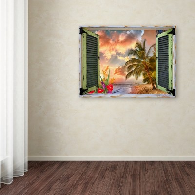 Tropical Sunset Beach View Canvas Print with Green Shutters