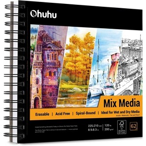 Ohuhu Square 8.3"x8.3" (Inner Size) Mixed Media Art Sketchbook, 120 LB/200 GSM Heavyweight Papers, 62 Sheets/124 Pages, Spiral Bound Mix Media Pad - 1 of 4