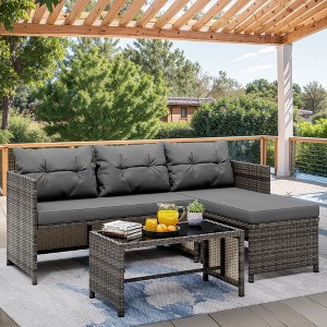 Celebalcony Outdoor Patio Furniture 3-Piece Rattan Outdoor Sectional SofaL Shaped Patio Couch with Cushion Glass Table for Balcony, Garden Gray - 1 of 4