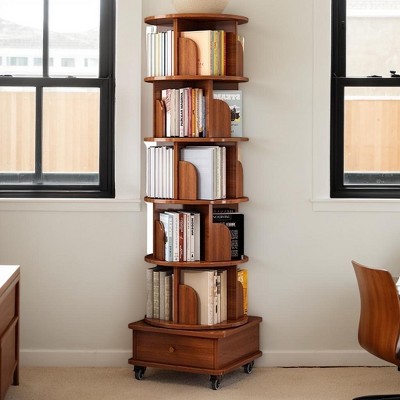 Rotating Bookshelf, 360 Degree Display 5 Tier Corner Bookshelf with Drawer