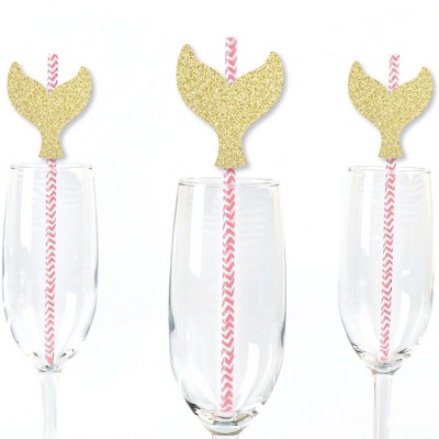 Big Dot of Happiness Gold Glitter Mermaid Tail Party Straws - No-Mess Real Glitter Cut-Outs & Baby Shower or Birthday Party Paper Straws - Set of 24