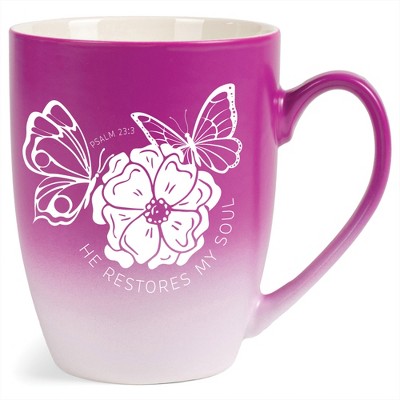 Elanze Designs He Restores My Soul Psalm 23:3 Two Toned Ombre Matte Pink and White 12 ounce Ceramic Stoneware Coffee Cup Mug