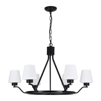 PAKOKULA Industrial 6 Light Black Wagon Wheel Island Chandelier with White Opal Glass Shade