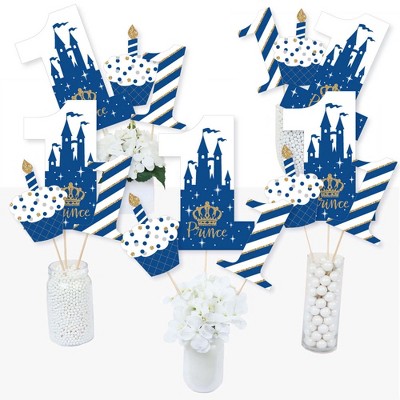 Big Dot of Happiness 1st Birthday Royal Prince Charming - First Birthday Party Centerpiece Sticks - Table Toppers - Set of 15