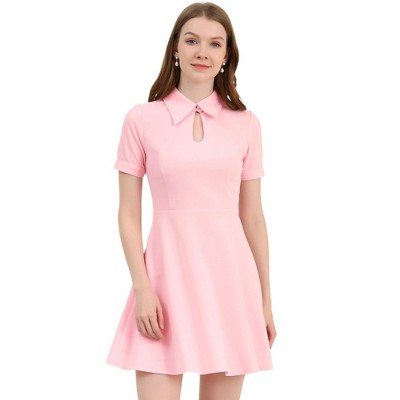 Allegra K Women's Turndown Collared Keyhole Short Sleeve Work Fit and Flare Mini Dress