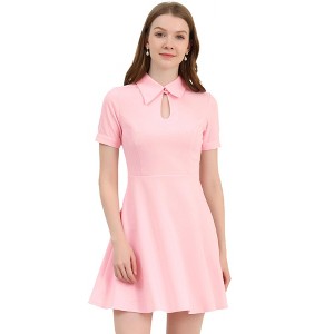 Allegra K Women's Turndown Collared Keyhole Short Sleeve Work Fit and Flare Mini Dress - 1 of 4