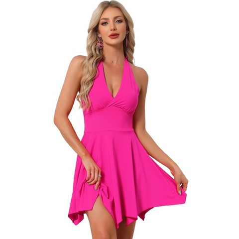 Женские платья INSPIRE CHIC Women's Halter Deep V Neck Sleeveless Backless Skater Mini Dress Rose Red Large
