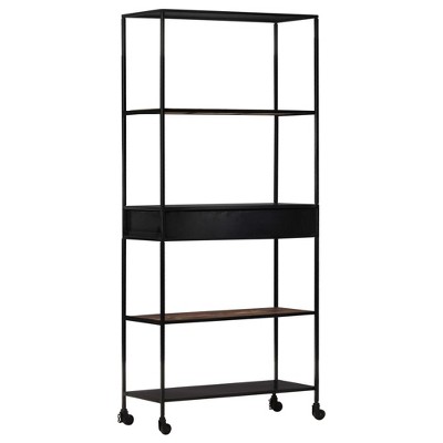 Industrial Rough Mango Wood and Iron 4-Shelf Bookcase with Drawer