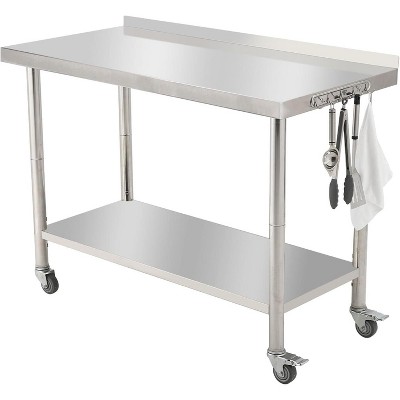 48"x24" Stainless Steel Table, Prep Table Stainless Steel Workbench, with Backsplash and Hook, Shelves, 4 Wheels, Arc Corner Edge