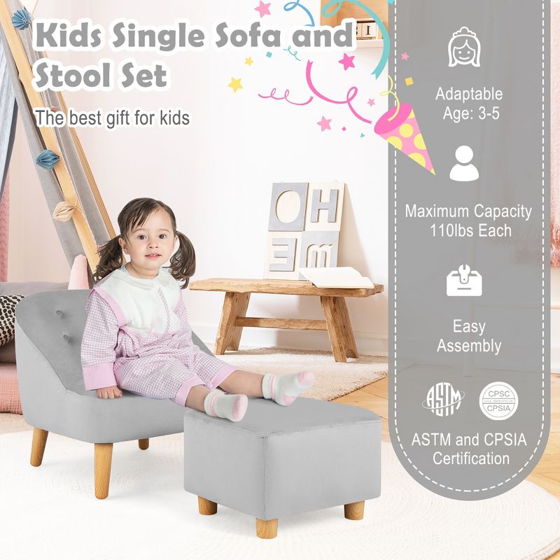 Costway Kids Sofa Chair w/ Ottoman Toddler Single Sofa Velvet Upholstered Couch Grey\Pink, 4 of 11