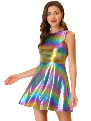 INSPIRE CHIC Women's Christmas Metallic Sleeveless High Waist Party Holographic Dress