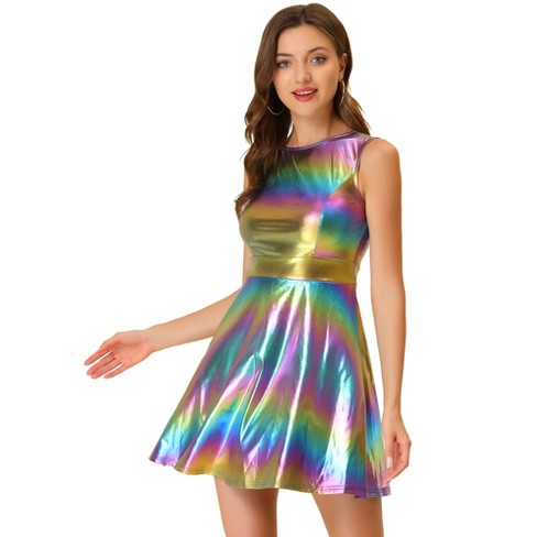 Allegra K Women's Metallic Sleeveless High Waist Party Holographic ...