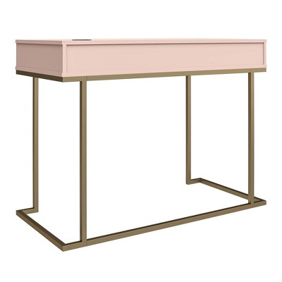 Pink Wood Writing Desk with Gold Metal Legs and Drawer