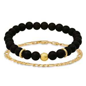 Steeltime Men's 14k gold plated sterling silver and black lava beaded stretch and figaro chain bracelet set - 1 of 3