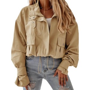 Imily Bela Womens Loose Fit Cropped Bomber Jacket Zip Up Long Sleeve Casual Outerwear with Pockets - 1 of 4