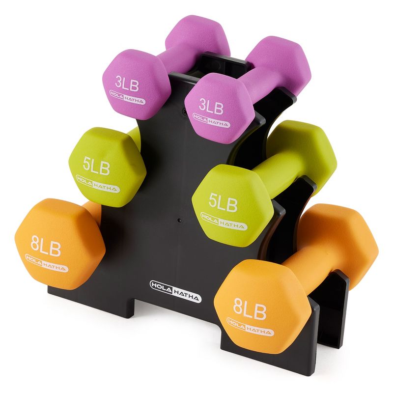 HolaHatha Hex Dumbbell Set with 3lbs., 5lbs. and 8lbs. Hand Weights and Storage Rack, 1 of 7