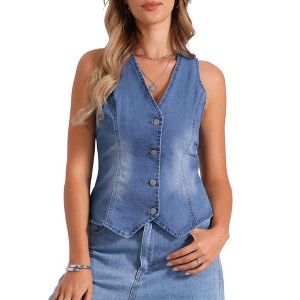 INSPIRE CHIC Women's V Neck Sleeveless Button Down Waistcoat Fashion Denim Vest - 1 of 4