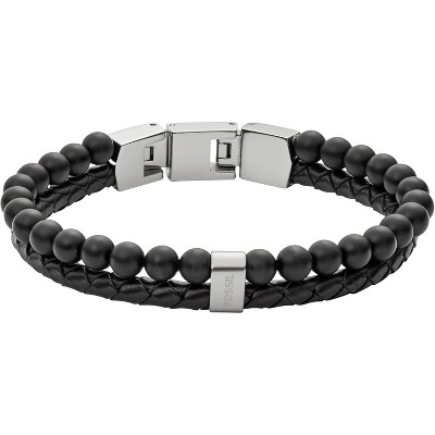 Men's Bracelet in Stainless Steel, Genuine Leather and Beads, Casual Multimaterial Jewelry for Men