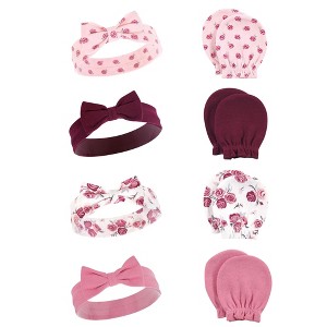 Hudson Baby Infant Girls Cotton Headband and Scratch Mitten Set, Rose, 0-6 Months - 1 of 4