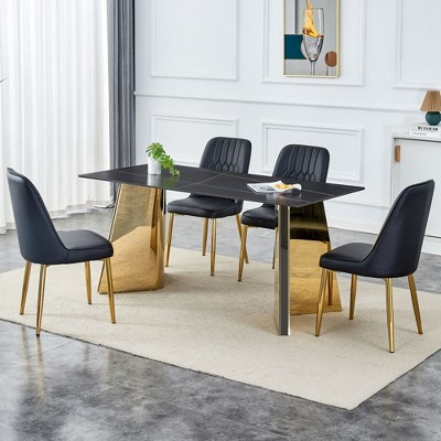 CAVINAS Dining Table Set for 6 Kitchen Table Modern Sintered Stone Table with Stainless Steel Butterfly Legs 6 PU Chairs
