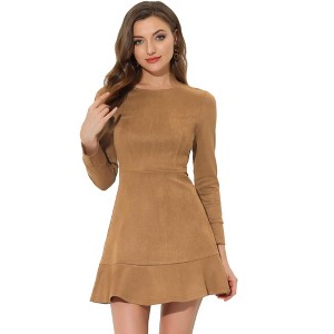 INSPIRE CHIC Women's Regular Fit Faux Suede Crew Neck Long Sleeve Ruffled Hem Mini Dress - 1 of 4