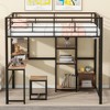 Full Size Loft Bed with Desk and Stool, Metal Loft Bed with Open-Style Wardrobe, Shelves and Cabinet, Black - 2 of 4