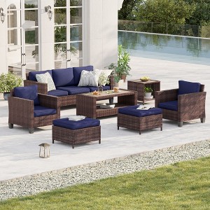 Sonkuki 7-Piece Patio Conversation Set Outdoor Wicker Rattan Furniture Set with Coffee and Side Table, Ottoman and Cushion - 1 of 4
