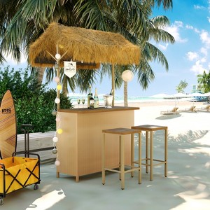 3pcs Patio Bar Set, Outdoor Bar Height Table and Stools with Canopy, Adjustable Feet, Wood Tabletop for Dining and Drinking, Natural -ModernLuxe - 1 of 4