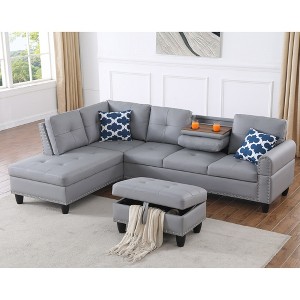 L-Shaped Sectional Sofas 3-Piece Sectional Sofa with Storage Ottoman, Cup Holders, and Toss Pillows - 1 of 4