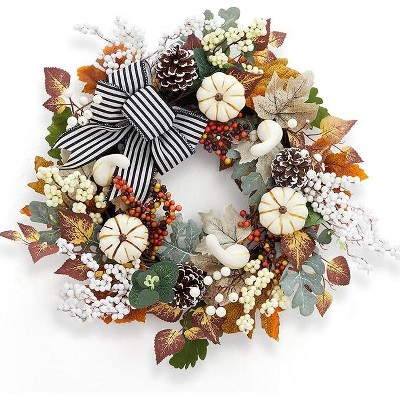Coucheta 20 Inch Fall Wreath - Pumpkin Wreath with Bow Leaves Pine Cones, Autumn Decor for Wall Window Outdoor Porch, Black & White