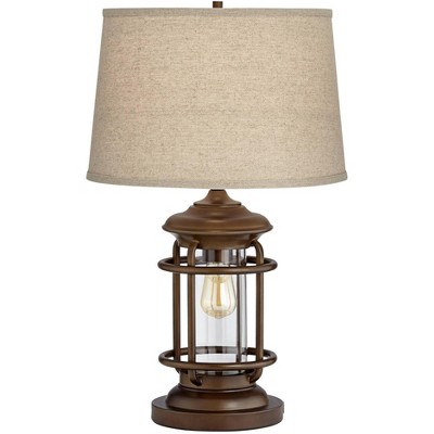 Franklin Iron Works Industrial Table Lamp with Nightlight and USB Port Brown Metal Oatmeal Shade LED Edison Bulb for Living Room